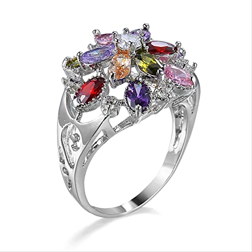 WHZHDMA Tourmaline Gemstone Multicolor Flower Ring Real Fine Jewelry Wedding Rings For Women