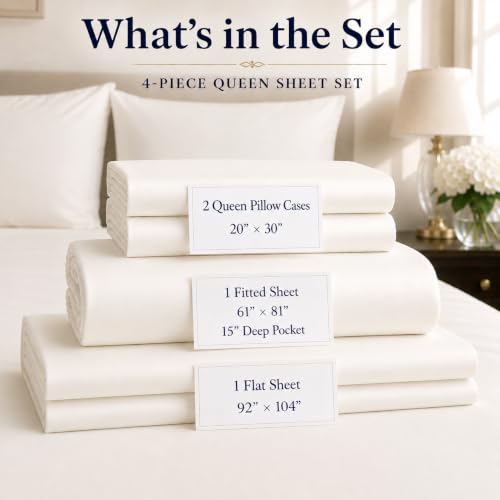 Image of Egyptian Cotton Sheets Queen Size Bed Set, 800TC Bed Sheets - Coconut Milk | 15 inch Deep Pocket Hotel Luxury Queen Size Sheets Set, OEKO-TEX Certified Soft Sateen Weave, Breathable & Cooling Sheets Queen