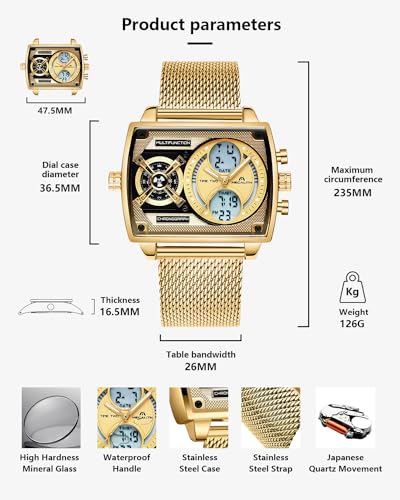 MEGALITH Watches Mens Stylish Digital Analogue Large Face Square Multi-Time Zone Wristwatch