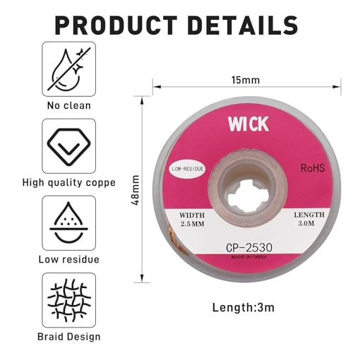 6-in-1 solder kit, soldering iron tip cleaner +1.0mm solder wire(11g*2pcs)+Rosin Solder Flux Paste (1.75 oz/50g), desoldering wick (2.5 * 3.0mm,9.8ft) Stainless steel scraper stir welding tool - Thumbnail 4