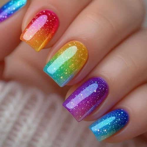 Short Square Press on Nails Fake Nails Glossy Gradient Rainbow Summer Artificial Nails Full Cover Short Square Acrylic False Nails Kits Reusable Stick on Nails for Women Manicure Decorations 24PCS