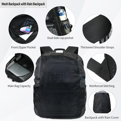 Image of Heavy Duty Mesh Backpack with Rain Cover For Stadium Event,16in Net Bookbag | Black See Through Net Backpack Semi-Transparent Large Lightweight Breathable for School Work Swimming Beach Fitness Sport