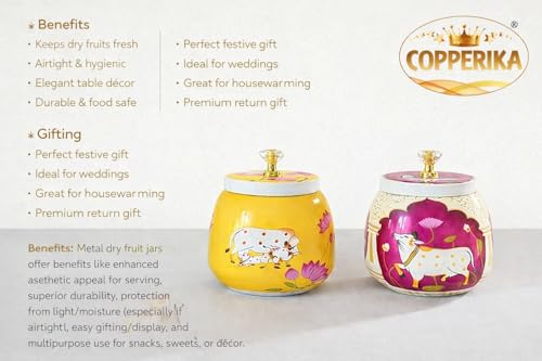 Image of Metal Pichwai Mix Color Dry Fruit Jar Box (Pack of 2) Heavy Build | For Dry Fruits /Chocolates /Decorative Serving Bowl Container /Return Gift /Diwali Gift Item