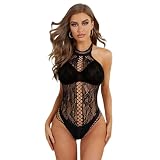 Inquekets Women Lingerie Halter Bodysuits and Teddies Lace Body Suits Women Black Dance Wear One Size Fit All Fishnet Leotard