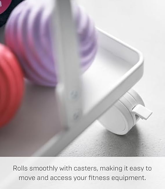 Yamazaki Home Tower Rolling Slim Fitness Rack With Adjustable Holder, Casters, Hooks For Gear Organization - Steel