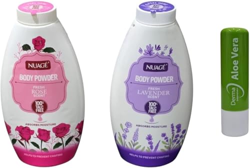 Rose & Lavender Body Powder 250g – 100% Talc Free, Soft Silky Skin, 1 of Each with Free Aloe Vera Lip Balm