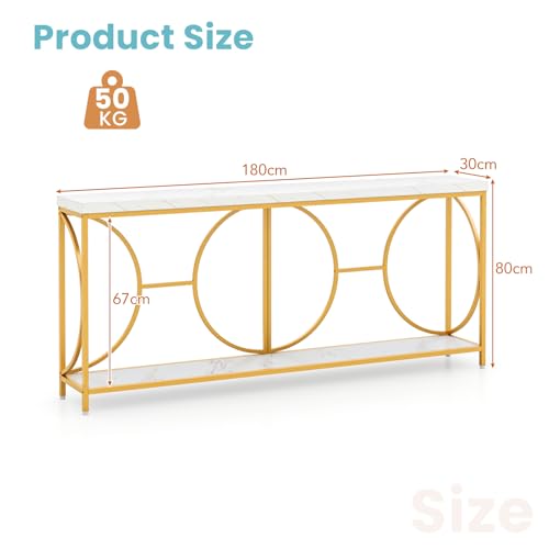 LIFEZEAL 180 cm długa konsola, 2-poziomowy stolik wejściowy z blatem ze sztucznego marmuru, ramka geometryczna, nowoczesny długi wąski stolik boczny, 180 x 30 x 80 cm, biały + złoty