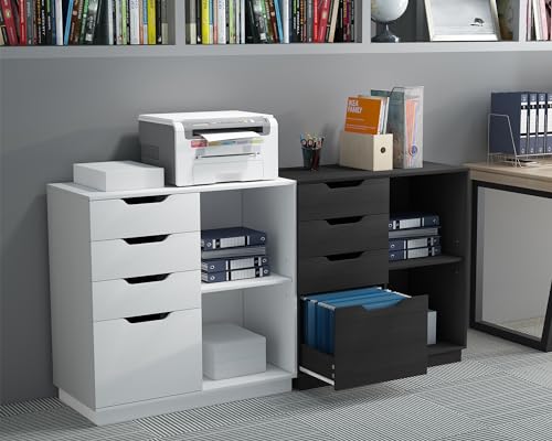 EasyPAG Seitlicher Aktenschrank aus Holz mit 4 Schubladen, A4, Briefgröße, Hängemappe, Aktenschrank, Druckerständer mit offenem Ablagefach für Büro und Zuhause, Schwarz