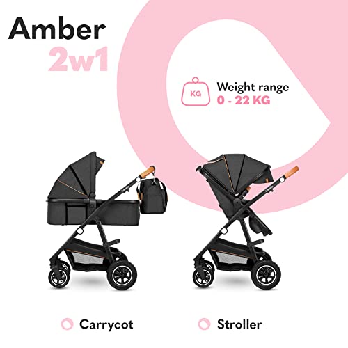 LIONELO Amber Kinderwagen 2 in 1 Kombikinderwagen, Kinderwagen Set mit sportlichen Sitz und fester Babywanne, Tasche, Moskitonetz, Abdeckung Regenblatt (Graphit)