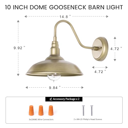 Image of Brass Outdoor Gooseneck Light, 10'' Diameter Gooseneck Barn Wall Sconce for Porch, Exterior Waterproof Farmhouse Light Fixture with Wall Mount, 2 Pack, LM2201-GL-2P
