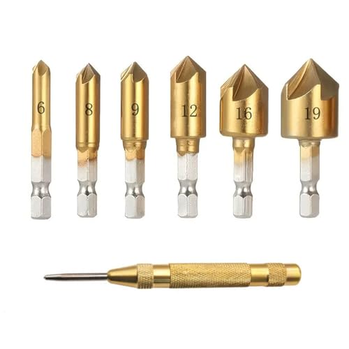 SZSL 面取りカッター 面取り 皿取錐 7本セット 6/8/9/12/16/19mm+1本自動センターポンチ 皿取錐 下穴錐 座ぐり 面取りカッター バリ取り セット 六角軸 5枚刃 チタンコーティング ドリルビット