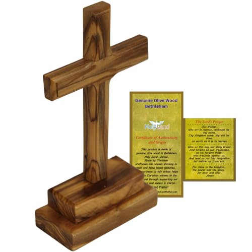 Holy Land Market 6” Olive Wood Standing Altar Cross – Hand-Carved in Bethlehem by Christian Artisans – Tabletop Crucifix with Certificate of Authenticity & Prayer Card – Genuine Holy Land Olive Wood