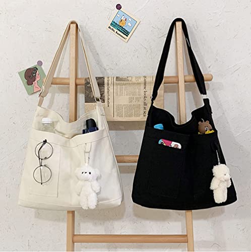 Image of Cotton Tote Handbag Women Canvas Crossbody Beach Bag Hobo Shoulder Tote Bag with 3 External Pocket,Zipper Closure