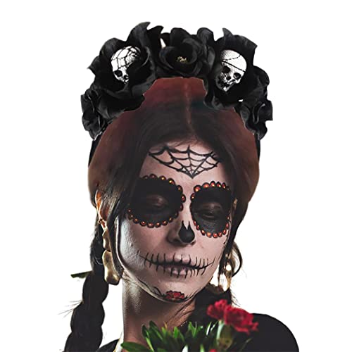 Earent Halloween Rose Skull Headband Black Flower Crown Hair Bands Gothic Floral Leaf Veils Hair Hoops Headpieces Costume Party Masquerade Decoration Hair Accessories For Women And Girls (A-Rose Skull) #TOP1