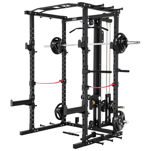 ALTAS STRENGTH Home Gym Smith Machine with Pulley System Gym Squat Rack Pull Up Bar Upper Body Strength Training Leg Developer Commercial Fitness Equipment Included Accessories 3028