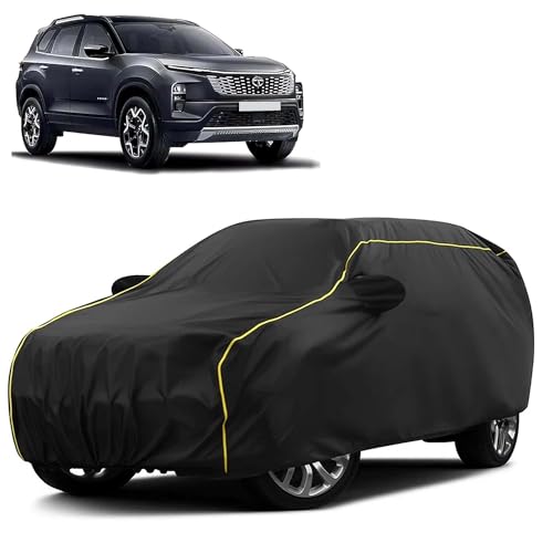 Image of Sulfar 100% Water Resistant Car Body Cover Compatible with Mirror for Tata Safari (Triple Stitched, Full Bottom Elastic, Black Taffeta with Yellow Piping)