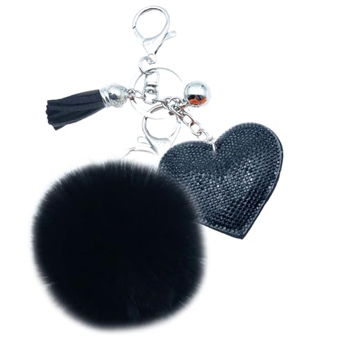Xsclpomddy Pom Poms Keychains Fluffy Ball and Heart Shape Keyring Rhinestone Bling Pendant Key Chain for Car Bag Charms,black