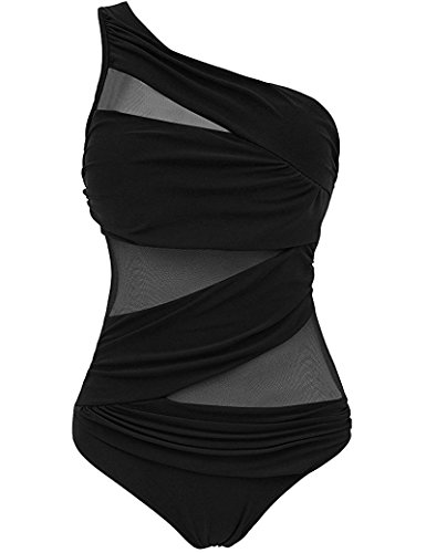 Bañadores de Mujer de una Pieza Monokini con un Tirante Traje de Baño de Hombro Talla Grande (Negro, XXL)