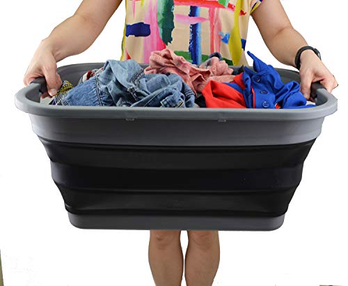 Image of SAMMART 41L (10.8 gallon) Collapsible Plastic Laundry Basket - Foldable Pop Up Storage Container /Organizer - Portable Washing Tub - Space Saving Hamper /Basket, (Rectangular, Grey /Black)