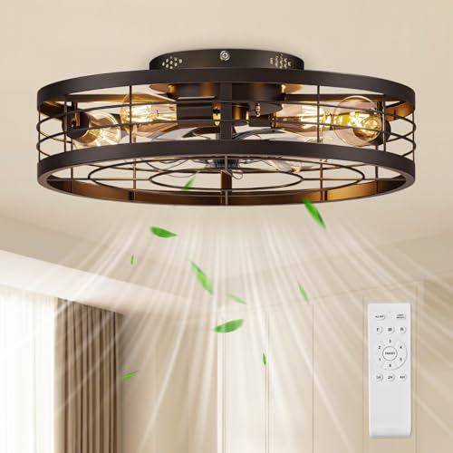 VOLISUN Caged Ceiling Fan with Light and Remote,19.7 inch Fandelier Ceiling Fan with Light Flush Mount, Farmhouse Bladeless Ceiling Fans with Lights for Kitchen,Bedroom