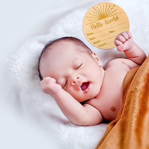 Ankündigungsschild Baby Set aus Holz mit Schwarzem Marker & Stempelkissen für Hand- und Fußabdrücke Doppelseitig Hello World Schild für Kindergarten Krankenhaus Babyparty-Andenken(Sonnenaufgang)