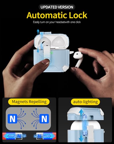 Image of Pohgelan Compatible with AirPods 4 Case (S-Blue) | Magnetic Automatic Lock with Phone Stand & Cleaning Kit,Compatible with Magsafe