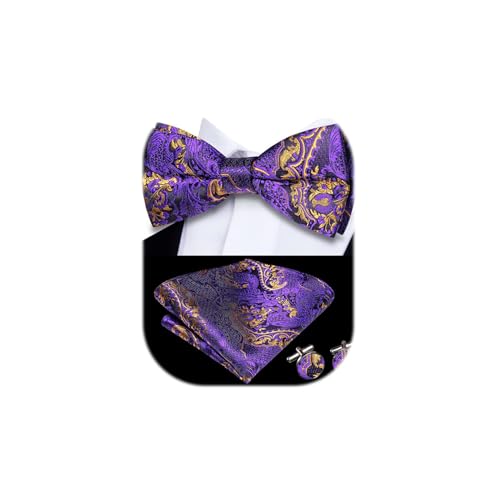 Image of Dubulle Mens Paisley Striped Bowtie Set Pre-tied Bowtie for Men and Pocket Square Set Wedding Business