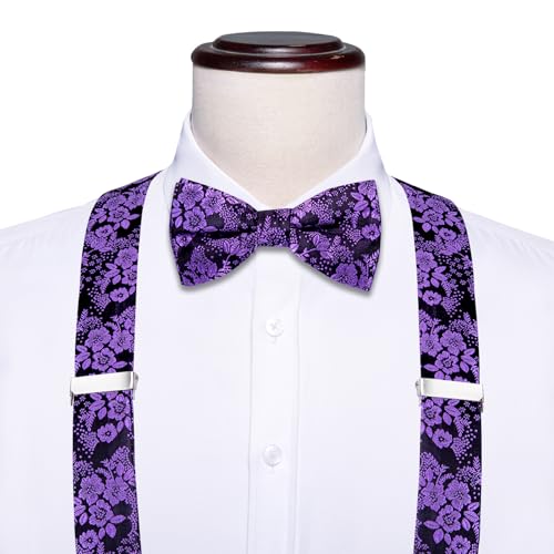 Image of Dubulle Mens Clips Suspenders and Pretied Bowtie Set Y Shape Adjustable Paisley Checks Braces Pocket Square,Black Purple
