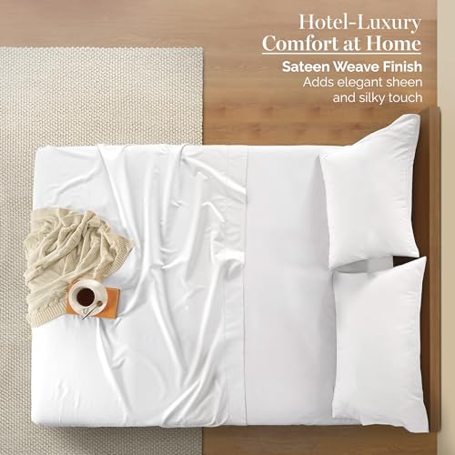 Casa Platino 100% Egyptian Cotton Sheets Twin Size Set - 4 Pcs (1 Flat, 1 Fitted, 2 Pillowcases)- Ultra Smooth Sateen Weave Bed Sheets with 15" Deep Pockets - Pure White Sheet Set
