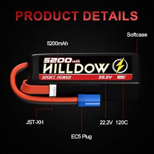 Hilldow 22.2V 6S Lipo Battery 120C 5200mAh Lipos Hard Case with EC5 Plug RC Battery for RC Car Truck RC Boat RC Airplane Helicopter Quadcopter