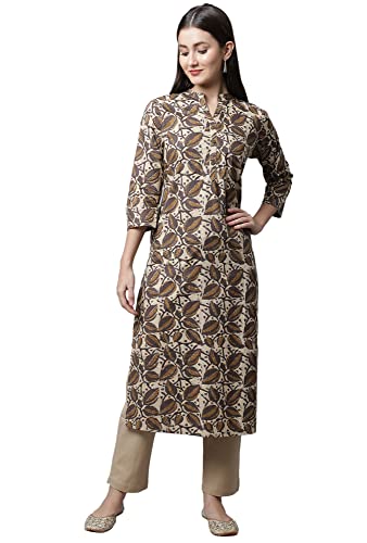 Pistaa's Women's Cotton Printed Straight Kurta (Brown, Large)