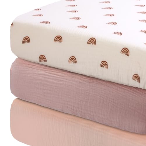 Image of Newwiee 3 Pcs Muslin Crib Sheets 51.2" x 27.6" Baby Sheets for Girls Boys Soft Fitted Neutral Mattress Sheet for Crib