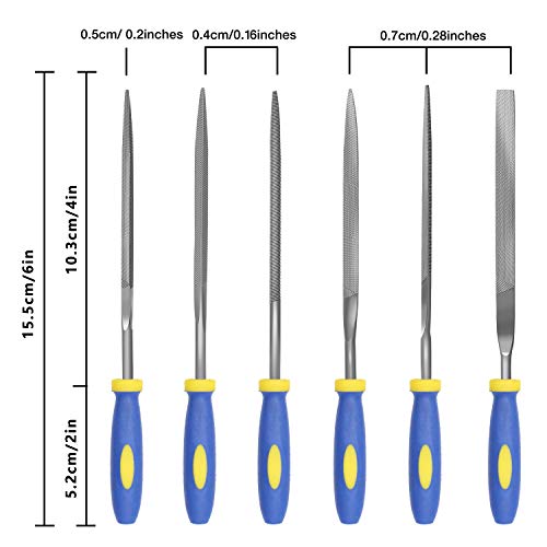 Kalim Needle File Set, Carbon Steel 6 Piece Set(6-1/4'' Total Length) Hardened Alloy Strength Steel - Set Includes Flat, Flat Warding, Square, Triangular, Round, And Half-Round File #TOP1