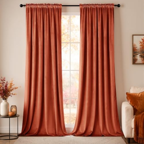 Image of MIULEE Fall Burnt Orange Blackout Velvet Curtains 96 Inch Long 52 inchx96 inch Soft | Luxurious Bedroom Living Room Decor, Room Darkening, Thermal Insulated, Rod Pocket Design, Super Soft Fabric