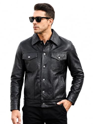 Image of Vintage Style Trucker Leather Jacket Men Real Lambskin Vintage Trucker Shirt Collar Mens Leather Jackets