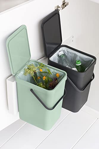 Brabantia Sort & Go Built-In Cupboard Recycling Cans (2 X 4.2 Gal/Dark Gray & Jade Green) Double Door Mounted Trash Organisers With Handles & Removable Lids #TOP4