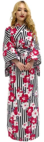 Kimura Jitsugyo Women's Kyoto Traditional Easy Wearing Kawaii Yukata Robe(Japanese Casual Kimono) Charming Stripe & Camellia Set 2 X-Large Woman