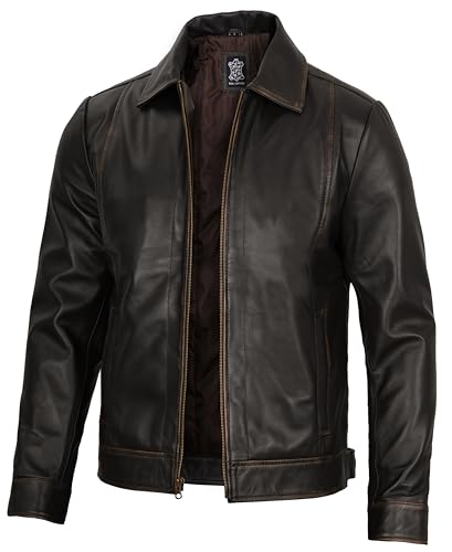 Image of Decrum Vintage Style Mens Leather Jacket - Real Lambskin Classic Shirt Collar Leather Jackets for Men