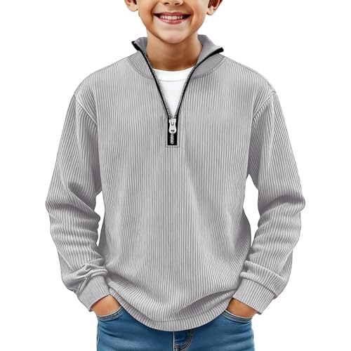 QWKLEAJ Boys Quarter Zip Pullover Boys Sweatshirt Mock Neck Ribbed Quarter Zip Up Toddler Boy Long Sleeve Shirt Solid Plain Fashion Winter Toddler Pullover Light Gray 13-14 Years