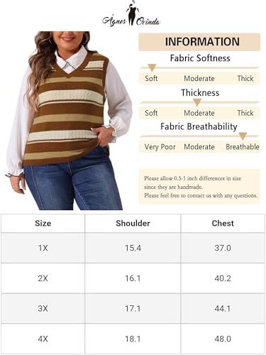 Image of Agnes Orinda Plus Size Sweaters for Women Sleeveless V Neck Striped Knit Casual Pullover Sweater Vests