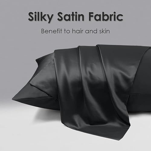 Miniatura 5 de Fittia Juego de 2 fundas de almohada de satén estándar, fundas de almohada de satén negro para cabello y piel con cremallera, fundas de almohada de
