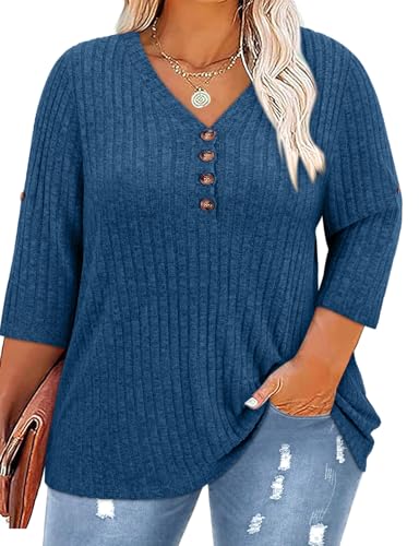 Image of Koscacy Women Plus Size V Neck 3 /4 Roll Sleeve Sweater Casual Knit Tops Solid Color Blouses
