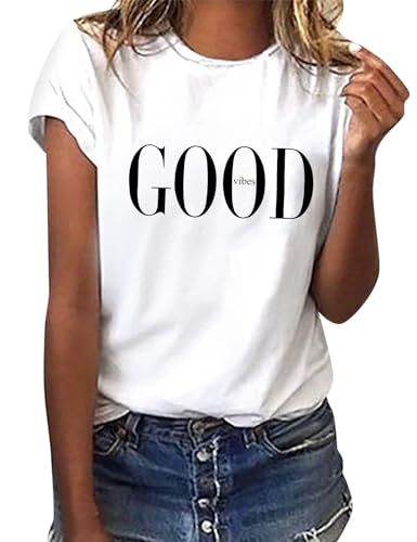 heekpek Sommer T-Shirt Damen Basic T Shirt Bedrucken Rundhalsausschnitt Weiß Oberteile Baumwolle Casual Damen Kurzarm Bluse Tops, Good, M