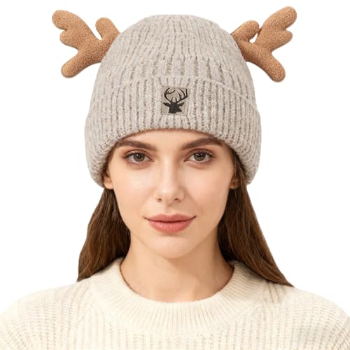 Gorro de Invierno para Mujer Beige con Cornamenta de Reno miniatura 2