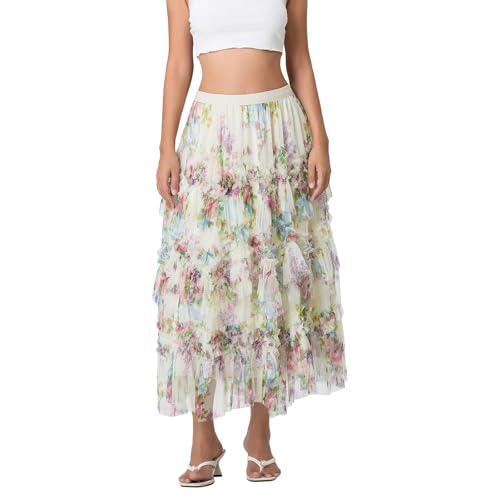 Floral Tulle Maxi Skirts for Women's Summer High Waist Irregular Flowy A-line Flowy Layered Casual Long Skirt