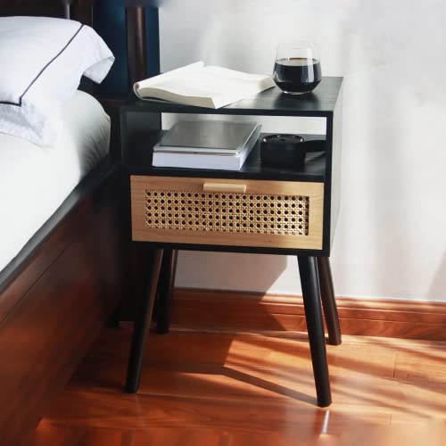 Maxsmeo End Table With Storage Mid Century Nightstand With Rattan Drawer And Shelf, Wood Small Side Coffee Table For Small Space, Living Room And Bedroom, Easy Assembly (Black) #TOP4
