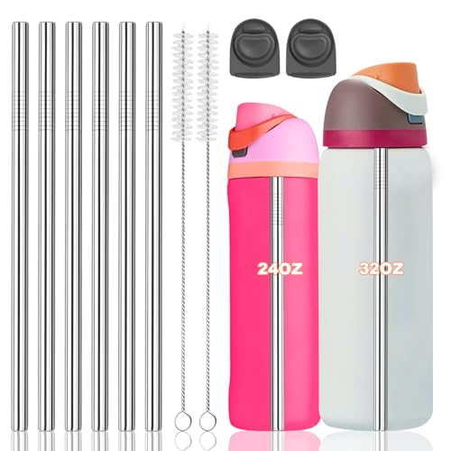 8PCS Stainless Steel Straws for Owala Water Bottle, 2Lengths 24oz 32oz, with Cleaning Brush & Travel Storage Bag 2 Replacement Stopper (24-32OZ)