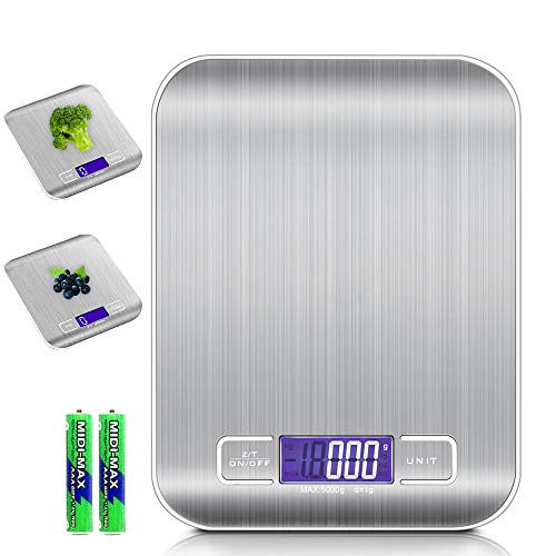 Intirilife Digitale keukenweegschaal in zilver, 5 kg, elektronische weegschaal voor de keuken met tarra-functie, waterdicht, extreem nauwkeurige keukenweegschaal met lcd-display, ideaal voor het koken