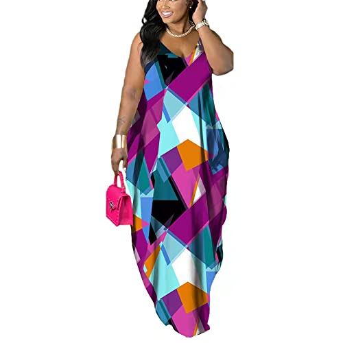 Image of BFFBABY Womens Summer Suspender Maxi Dress Plus Size Striped Printed Sleeveless with Pockets and Belt