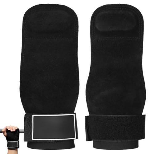 YHomU Weightlifting Grips with Wrist Support, Leather Workout Palm Protector, Pull Up and Fitness Grips, Gym Gloves for Powerlifting, Black/Red